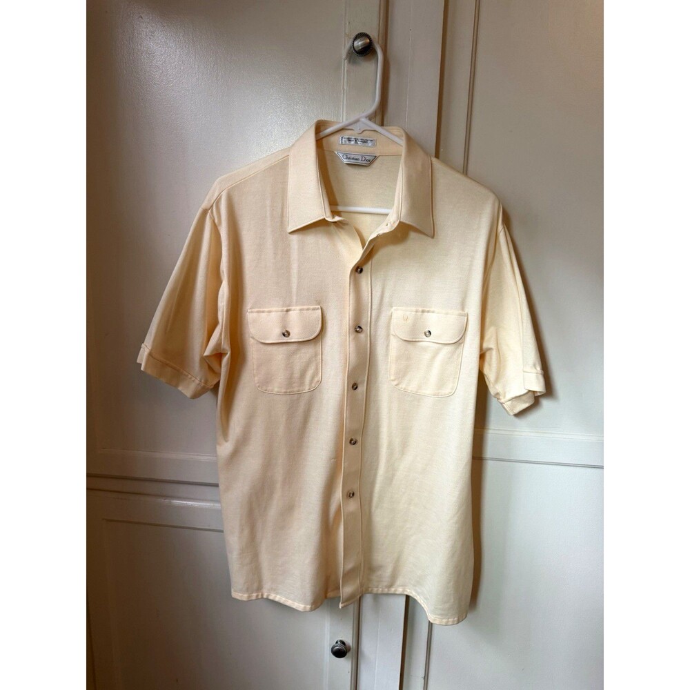 Vintage Christian Dior Men’s L Cream Short Sleeve Button-Up Shirt CD Logo